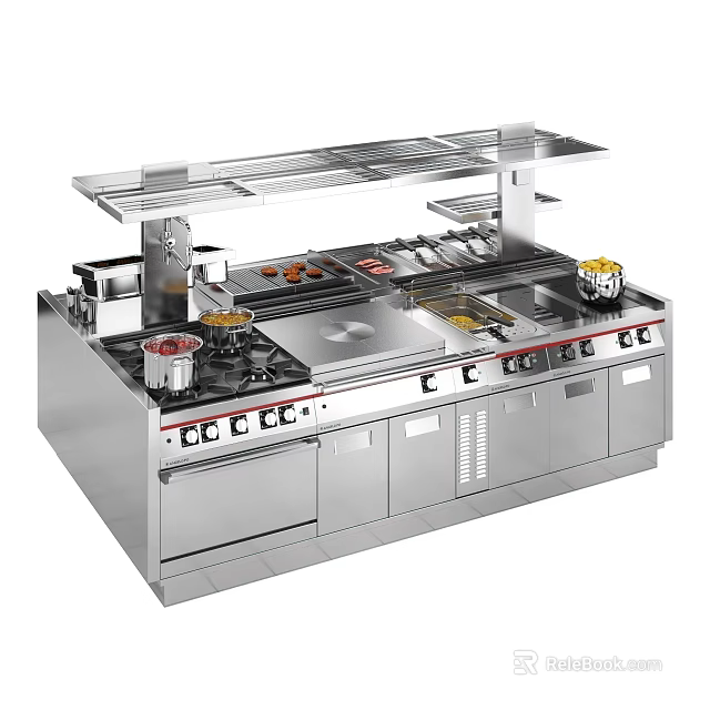 Stainless Steel Commercial Kitchen Appliances with Multiple Burners Cooktop and Upper Shelves 3d model 