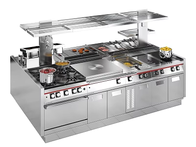 Stainless Steel Commercial Kitchen Appliances with Multiple Burners Cooktop and Upper Shelves 3d model