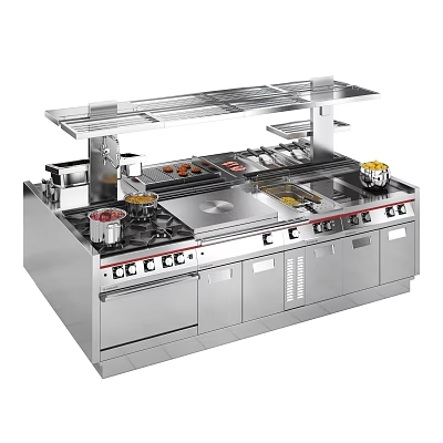 Stainless Steel Commercial Kitchen Appliances with Multiple Burners Cooktop and Upper Shelves 3d model