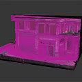 Corner Building Model With Red Brick Walls Green Roller Shutter And Green Door