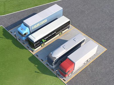 Parking Lot With Multiple Trucks Buses Green Lawn And Marked Spaces 3d model