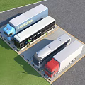 Parking Lot With Multiple Trucks Buses Green Lawn And Marked Spaces