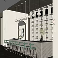 Modern Bar Interior With Bar Counter Green Stools Wine Racks Pendant Lights And Potted Plant