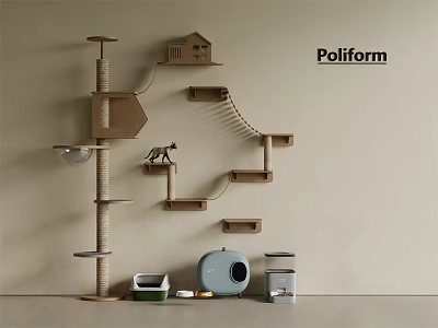 Modern Wall Mounted Cat Tree With Multiple Platforms Scratching Posts And Pet Accessories 3d model