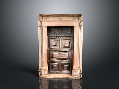 Vintage Classical Architectural Wooden Door With Intricate Carved Patterns And Light Stone Frame 3d model