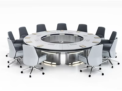 Modern Round Conference Table With Black And White Office Chairs 3d model