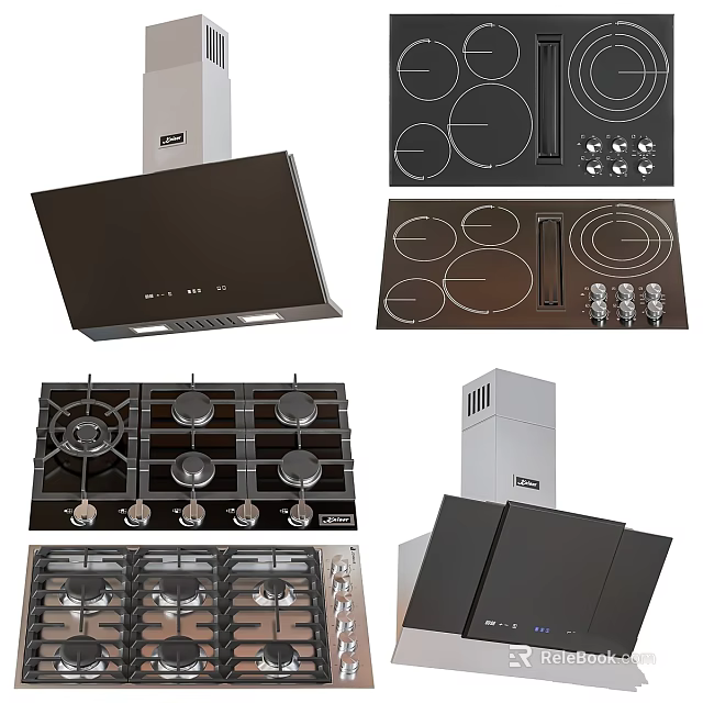Modern Kitchen Cookware Set With Range Hood Gas Stove Induction Cooktop And Cabinets 3d model 
