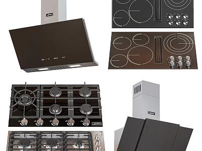 Modern Kitchen Cookware Set With Range Hood Gas Stove Induction Cooktop And Cabinets 3d model