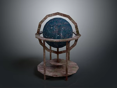 Starry Deep Blue Globe with Metallic Circular Frame and Wooden Base 3d model