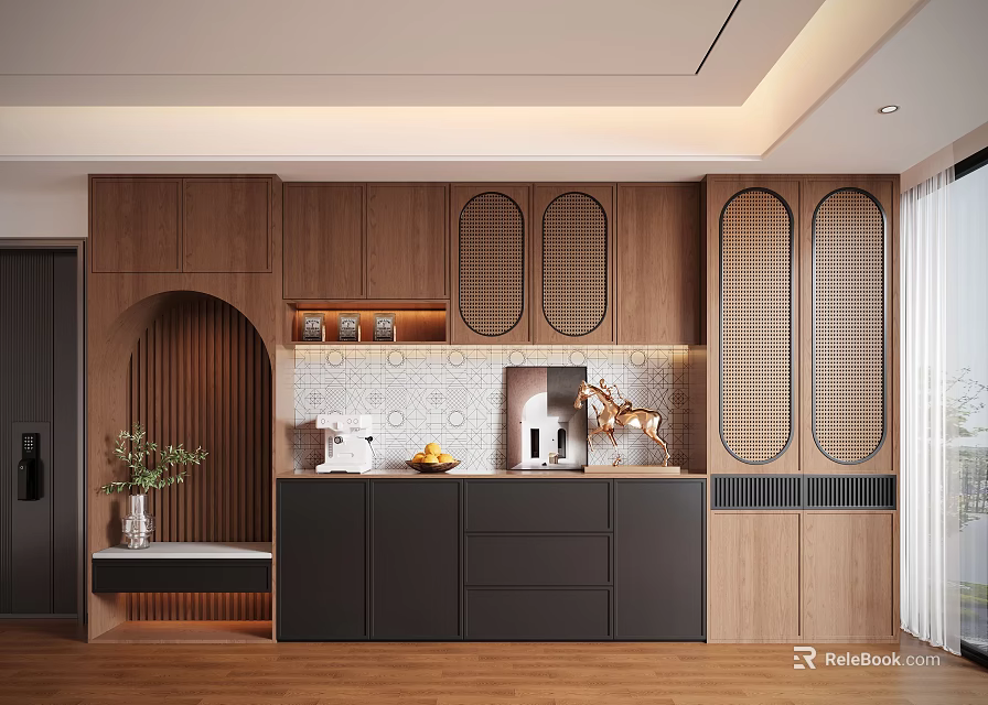 Modern Wooden Decorative Cabinet With Arched Louvered Panels Coffee Machine And Fruit Bowl 3d model 