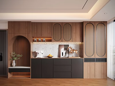 Modern Wooden Decorative Cabinet With Arched Louvered Panels Coffee Machine And Fruit Bowl 3d model