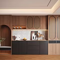 Modern Wooden Decorative Cabinet With Arched Louvered Panels Coffee Machine And Fruit Bowl