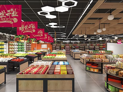 Supermarket Grand Opening with Fresh Fruits Vegetables and Groceries on Neat Shelves 3d model