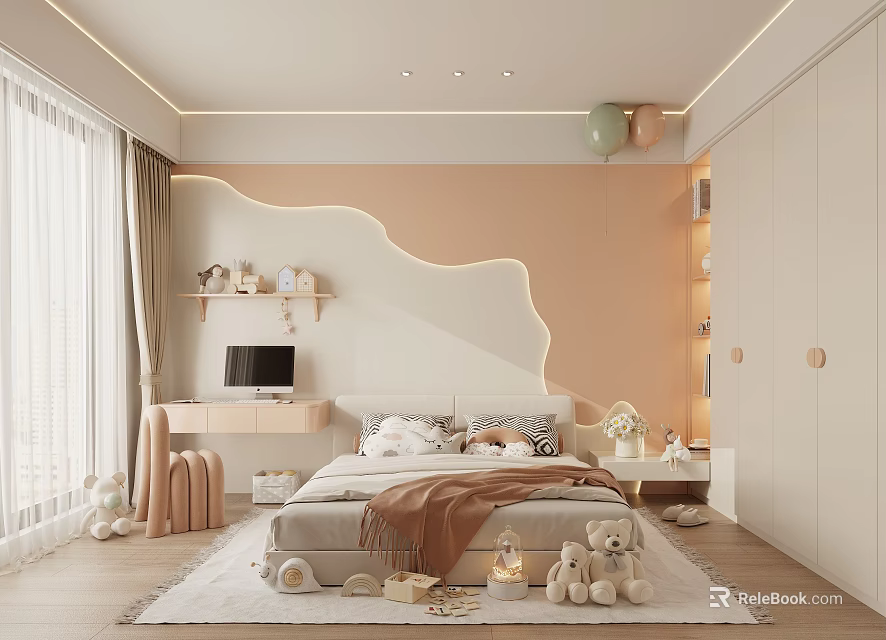 Cozy Kids Bedroom With Plush Toys Desk And Soft Lighting 3d model 