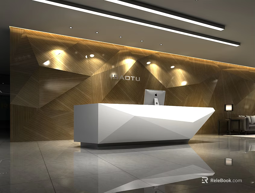 Modern Office Reception Desk With Geometric Background Wall And Elegant Lighting Design 3d model 