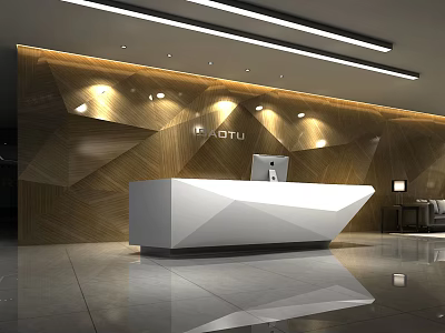 Modern Office Reception Desk With Geometric Background Wall And Elegant Lighting Design 3d model