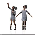 Two Young Girls in White Dresses and Gray Boots Pointing Up with Arms Outstretched on White Background