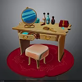 Elegant Wooden Dressing Table With Round Mirror Bottles Red Box And Stool On Red Rug