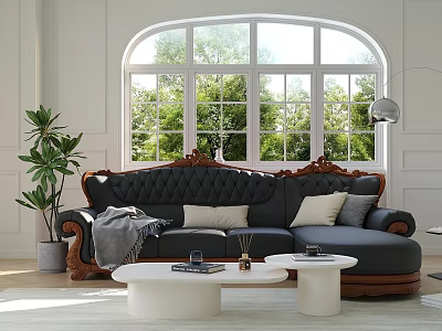 Black Carved Sofa With Wooden Accents And White Round Coffee Table Set With Green Plants 3d model