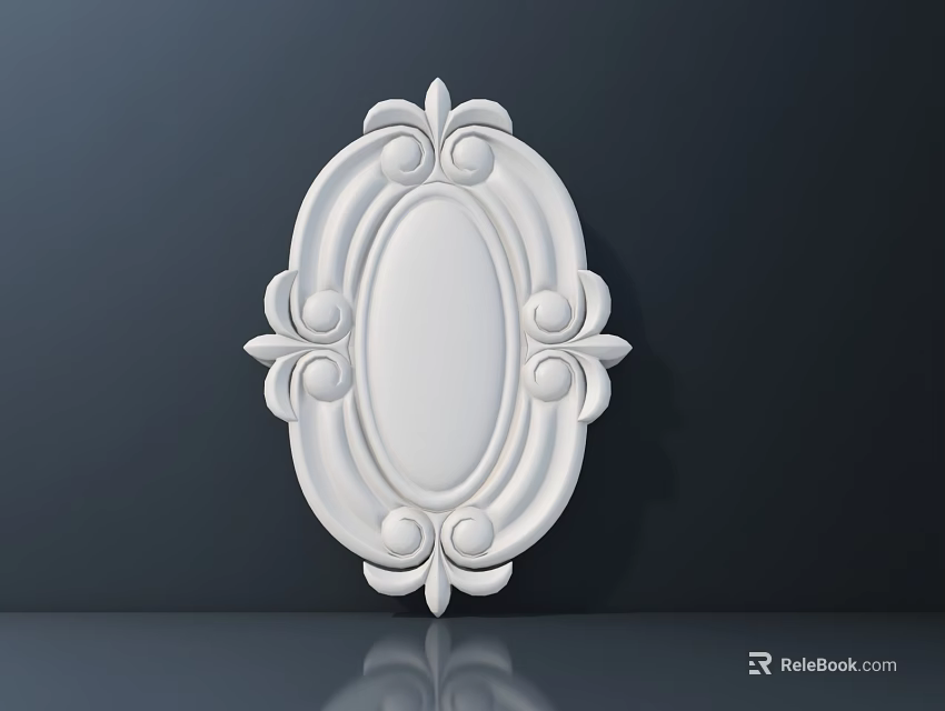 Ornate White Oval Mirror with Intricate Decorations on Dark Background and Reflection 3d model