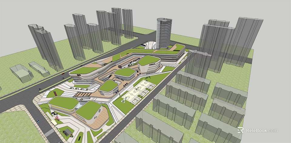 Modern Commercial Street Design With Green Roofs And Surrounding High Rise Buildings 3d model 