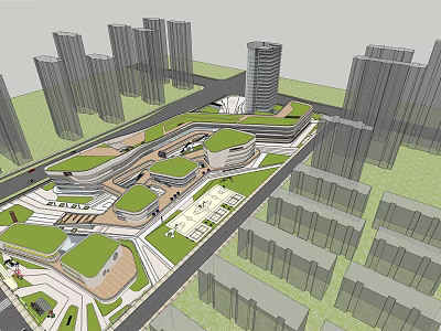 Modern Commercial Street Design With Green Roofs And Surrounding High Rise Buildings 3d model