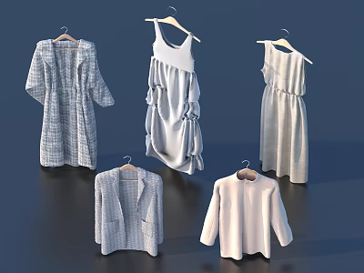 Stylish Women's Clothes In Light Gray White With Various Styles On Hangers 3d model