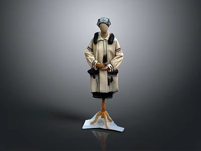 Beige Coat With Black Trim Displayed On Wooden Mannequin Stand Gray Background 3d model