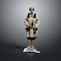 Beige Coat With Black Trim Displayed On Wooden Mannequin Stand Gray Background