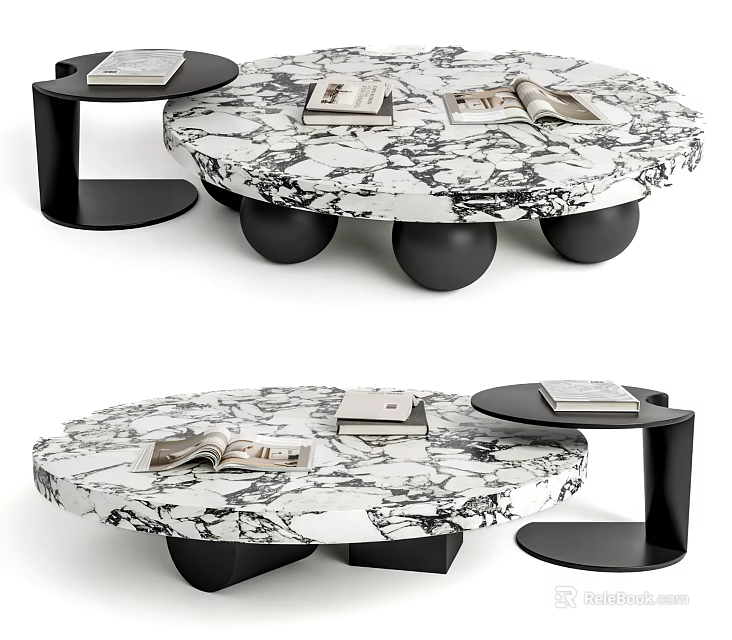 Modern Marble Coffee Table With Spherical Legs Side Tables And Magazines 3d model 