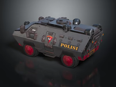 Armored Military Vehicle With Black Exterior Red Wheels POLISI Logo And Roof Equipment 3d model