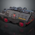 Armored Military Vehicle With Black Exterior Red Wheels POLISI Logo And Roof Equipment