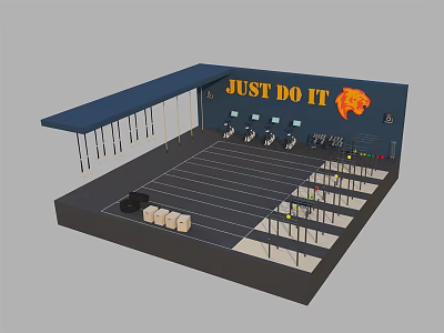 Organized Sports Fitness Training Area With Just Do It Slogan Lion Logo And Fitness Equipment 3d model