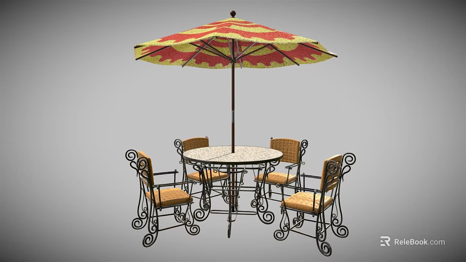 Outdoor Round Table Set With Colorful Umbrella And Decorative Iron Chairs 3d model 