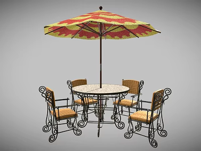 Outdoor Round Table Set With Colorful Umbrella And Decorative Iron Chairs 3d model
