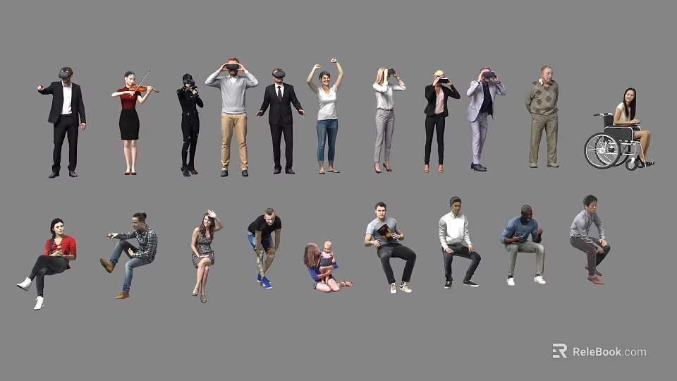Group of People in Various Poses and Activities Including Playing Violin and Taking 3d model 