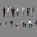 Group of People in Various Poses and Activities Including Playing Violin and Taking