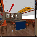 Vibrant Modern Restaurant Interior With Orange Chairs Blue Counter Wooden Floors And Wall Decorations