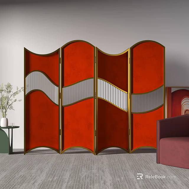 Modern Red Room Divider With Gold Frame And Wave Pattern For Home Decor 3d model 