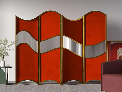 Modern Red Room Divider With Gold Frame And Wave Pattern For Home Decor 3d model