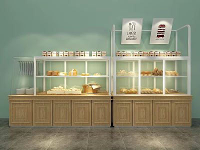 Bakery Display Shelves With Glass Doors Wooden Cabinets And Bread Pastries On Light Green Wall 3d model
