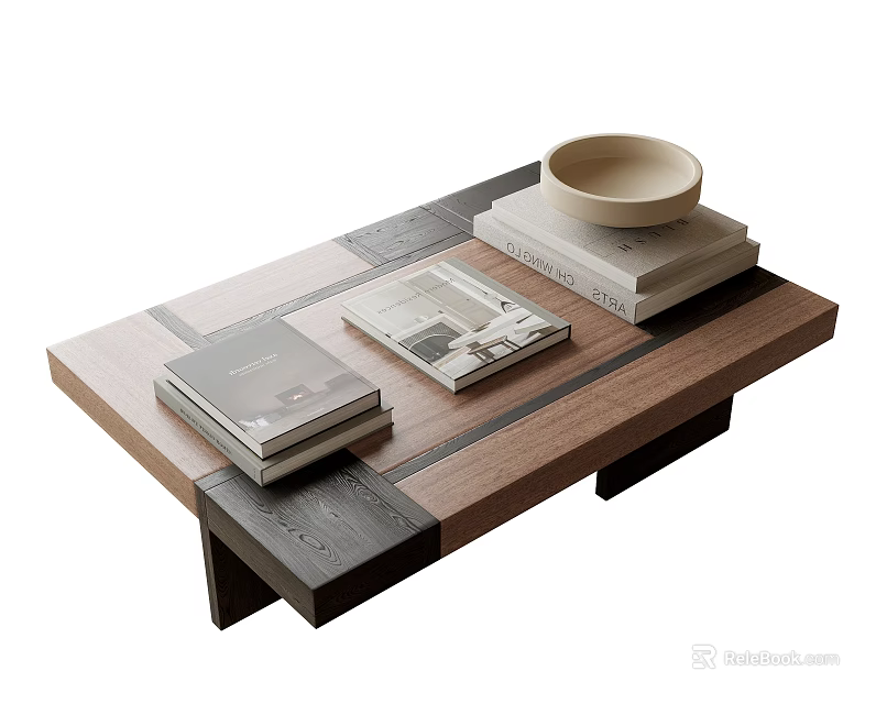 Modern Wooden Coffee Table With Stacked Books And Decorative Bowl 3d model 