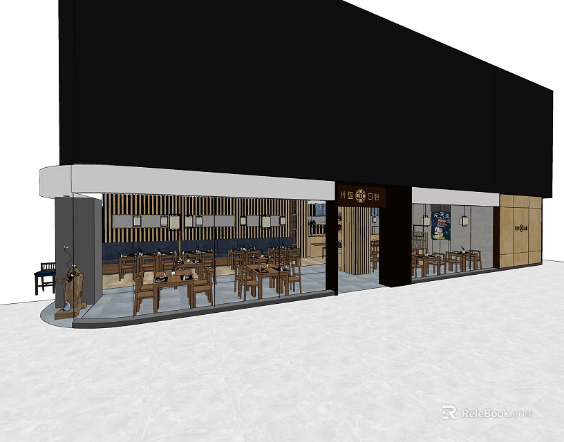 Modern Restaurant Exterior And Interior With Wooden Tables And Indoor Seating 3d model 