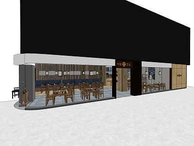 Modern Restaurant Exterior And Interior With Wooden Tables And Indoor Seating 3d model