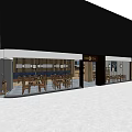 Modern Restaurant Exterior And Interior With Wooden Tables And Indoor Seating