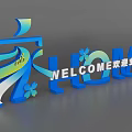 3D WELCOME Letters with Tourism Theme Decorative Flowers and Curved Blue Green Gradient Design