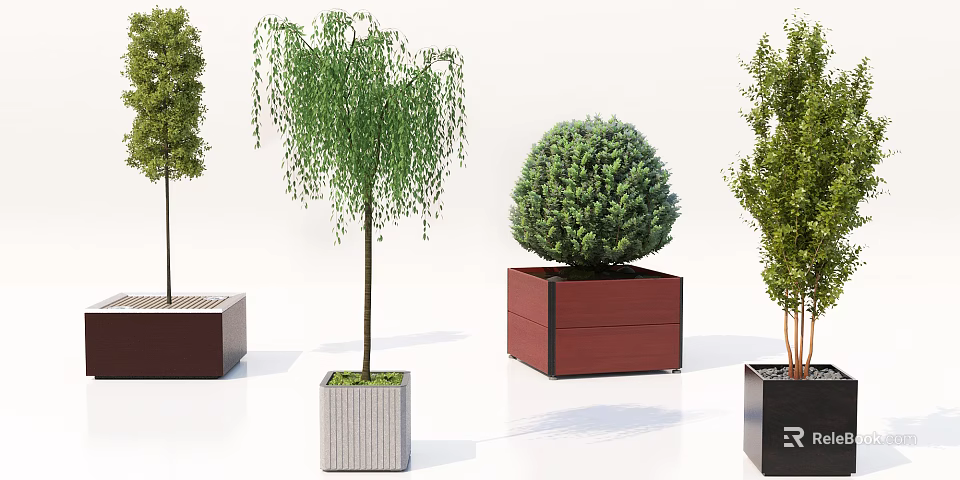 Bonsai Potted Plants With Square Planters And Weeping Spherical Tree Shapes 3d model