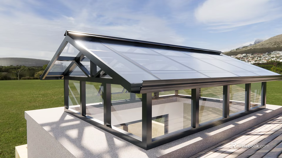 Outdoor Modern Glass Roof Sunroom With Black Frame And Grass Surroundings 3d model 