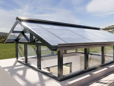 Outdoor Modern Glass Roof Sunroom With Black Frame And Grass Surroundings 3d model
