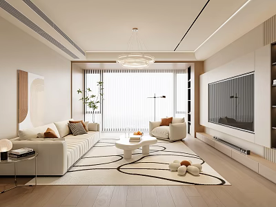 Modern Living Room Interior With Beige Sofa Coffee Table TV Wall Chandelier And Area Rug 3d model